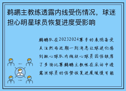 鹈鹕主教练透露内线受伤情况，球迷担心明星球员恢复进度受影响