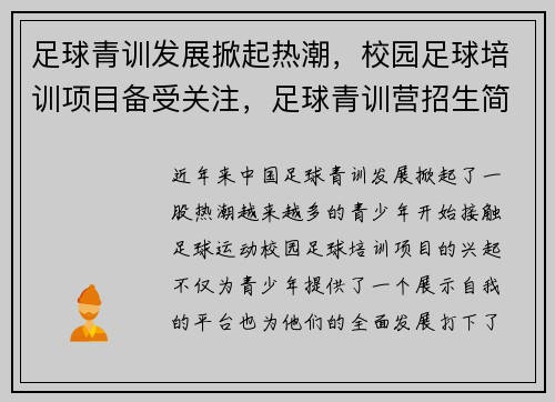 足球青训发展掀起热潮，校园足球培训项目备受关注，足球青训营招生简章